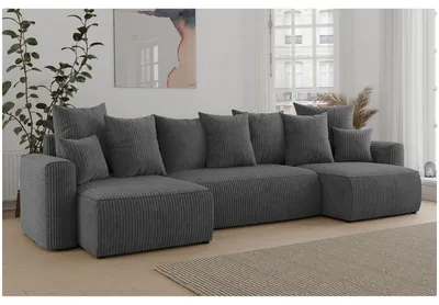 Produktbild von MEBLINI Schlafcouch mit Bettkasten - 312x142x73cm - Dunkelgrau Cordstoff - DAVE - Ecksofa mit Schlaffunktion - Sofa mit Relaxfunktion und Kopfstützen - Couch U-Form - Eckcouch - Wohnlandschaft