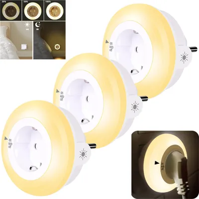 Obrázek produktu pro 3 ks zásuvkové stmívatelné LED noční světlo, LED nástěnné noční světlo se zásuvkou, senzor soumraku, zásuvkové noční světlo, chodba, ložnice, teplá bílá