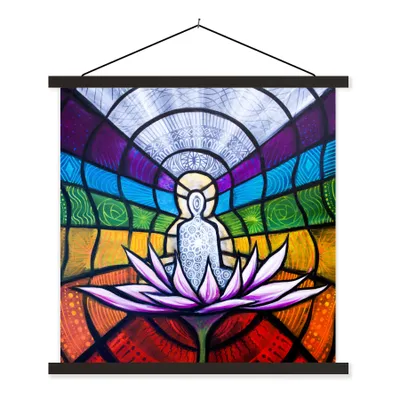 Produktbild von MuchoWow® Textilposter Glasmalerei der sieben Chakren 120x120 cm mit schwarzem Rahmen - Aufhängungsset