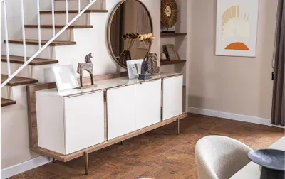 Produktbild von Stylish Weiß Braun Sideboard Rund Spiegel Designer Holzmöbel Esszimmer