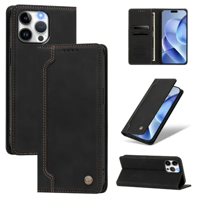 Produktbild von Handyhülle für iPhone 15 Pro Max, Leder Wallet Klapphülle mit Standfunktion, Stoßfeste Schutzhülle Schwarz
