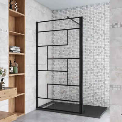 Produktbild von Schwarz Walkin Duschkabine 100x200cm unregelmäßige Form Duschwand mit 40x200cm Flipper Panel +70-120cm Stabilisator