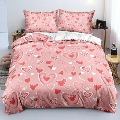 Produktbild von Bettwäsche-Set 155x220 cm Rosa mit Herzen 3-teilig Mikrofaser mit Reißverschluss und 2 Kissenbezügen 80x80 cm