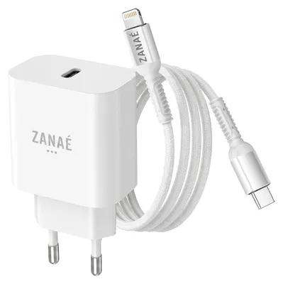 Produktbild von Zanaé, USB-C Ladegerät für iPhone und iPad mit USB-C Lightning Schnellladekabel, Weiß