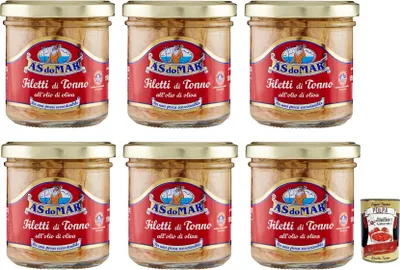 Produktbild von 6x AS do MAR Filetti di Tonno all'Olio di Oliva,Thunfischfilets in Olivenöl,150g Glas + Italian Gourmet Polpa di Pomodoro 400g Dose