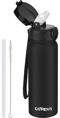 Produktbild von Edelstahl Wasserflasche mit Strohhalm 600ml Schwarz Auslaufsicher BPA-frei