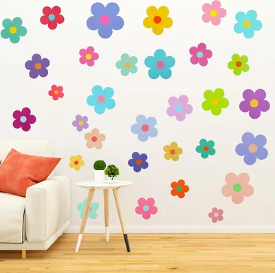 Produktbild von Bunte Blumen Wandsticker - 63 Stück - Selbstklebend - Kinderzimmer Dekoration - Boho-Stil - Babyzimmer Wandtattoo - Schlafzimmer Wandbild