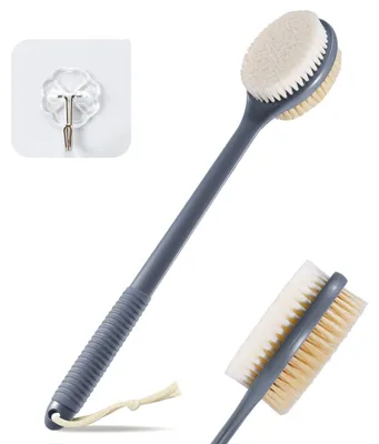Image de Brosse pour le dos de 42 cm avec long manche antidérapant – Brosse de douche double face pour une utilisation sur peau sèche ou humide, poils naturels, brosse exfoliante anti-cellulite (gris foncé, 1 pièce)