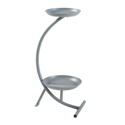 A gray metal plant stand with two tiers.