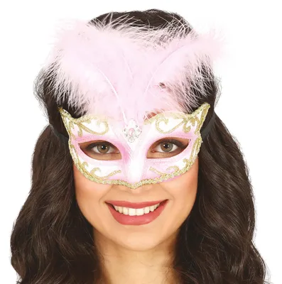 Image de Carnaval De Venise Masque Rose Plume Ornée Costume Bal Inspiration Mascarade Design Élégant Charme Italien Avec Or Décoration Bijoux Élément, Couleur : Blanc