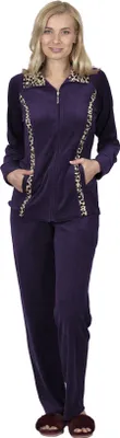 Produktbild von RAIKOU Damen Hausanzug Schlafanzug Baumwolle Freizeitanzug Nicki Velours Jogging anzug mit Reißverschluss und Leo Dunkel Lila 36/38