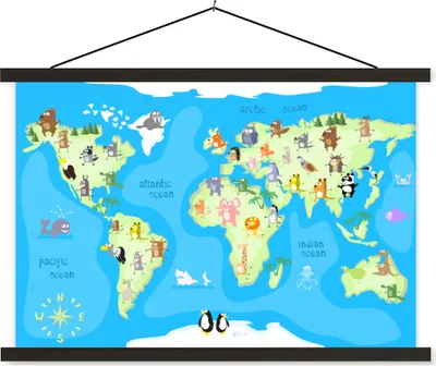 Produktbild von MuchoWow® Textilposter Weltkarte - Kind - Tiere - Blau - Jungen - Mädchen 120x80 cm mit schwarzem Rahmen - Wanddeko