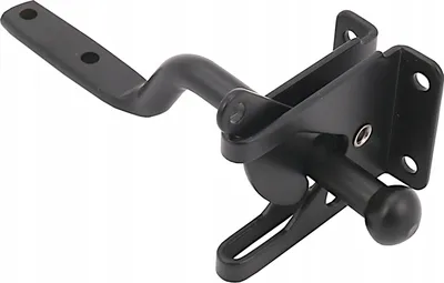 A black metal gate latch is shown against a white background.