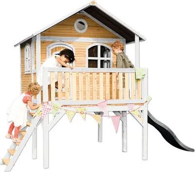 Image de Axi Sophie Maison Enfant Avec Toboggan Gris | Aire De Jeux Pour L'Extérieur En Marron & Blanche | Maisonnette / Cabane De Jeu En Bois