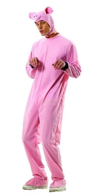 A person wearing a pink pig costume.