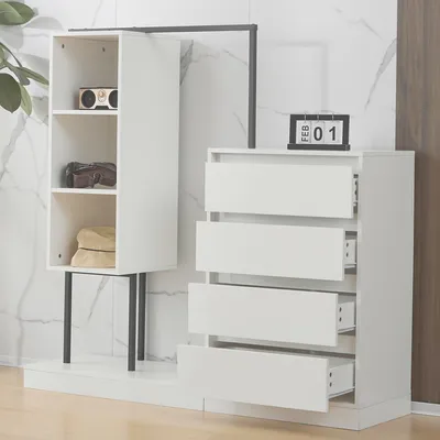 Produktbild von Ladenkorb und Kleiderschrank-Set – Modernes, weißes Metall – Bietet viel Stauraum für das Schlafzimmer