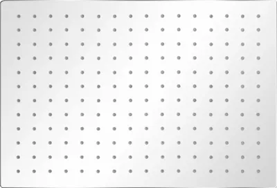 A top-down view of a rectangular shower head with many small nozzles.