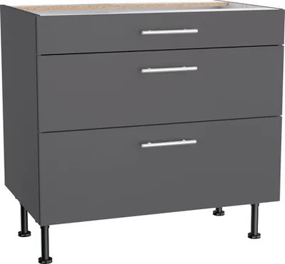 A three-drawer cabinet with silver handles and black legs, shown from the front.