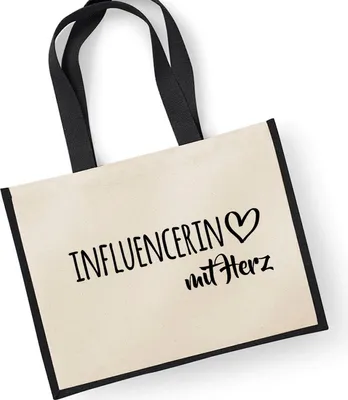 Produktbild von Huuraa Jutetasche Influencerin mit Herz 21 Liter Black Jute und Baumwolle Einkaufstasche Geschenkidee