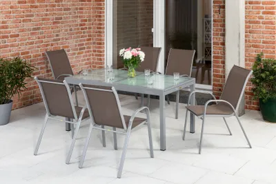 Produktbild von Merxx Gartenmöbelset "Sorrento" 7tlg. mit Ausziehtisch 120/180 x 90 cm - Aluminiumgestell Silber mit Textilbespannung Taupe
