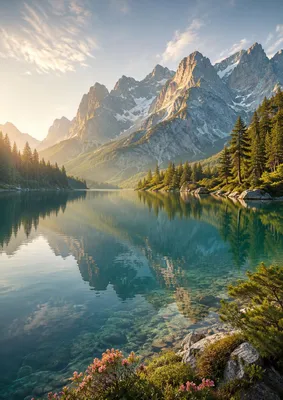 Immagine prodotto di Poster Alpensee, formato DIN A2 – Stampa su carta per decorazione murale, raffigurante un lago di montagna, un panorama alpino e un riflesso, finitura opaca
