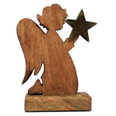 Obrázek produktu pro Dřevěná andělská dekorace příroda se zlatou hvězdou na dřevěném podstavci 16x5x20cm