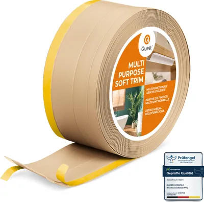 Produktbild von QUEST 4in1 Multifunktionsleiste, Weichsockelleiste Selbstklebend 1x120mm, 10m, Abschlussleiste Multifunktional, Flexibel, Dekorativ, UV-beständig, W2, sandig