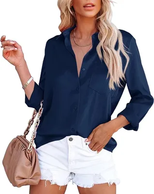 Produktbild von ASKSA Damen Satin Bluse Elegant V-Ausschnitt Hemden Knöpfen Casual Arbeit Oberteile, Dunkelblau, M