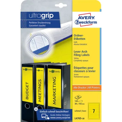 Image de Avery Zweckform® L4765-20 L4765-20 Étiquettes de classeur - étroites/courtes, (A4 - 20 feuilles) 140 pièces, jaune