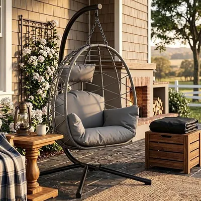 Produktbild von Stabiler Hängesessel mit Gestell Outdoor Rattan Sessel bis 150kg belastbar