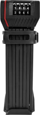 A black folding bicycle lock with a combination lock mechanism is shown against a white background.