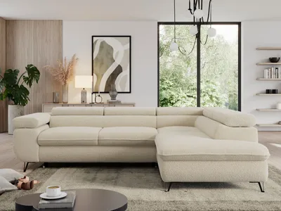 Produktbild von Couch mit Schlaffunktion, L-form Ecksofa, Wohnzimmersofa, mit Einstellbare Kopfstützen - PEDRO L - Boucle - Beige - Rechts
