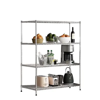 A metal shelving unit with various kitchen items on its shelves.