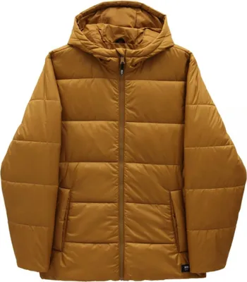 A studio shot of a brown hooded puffer jacket.