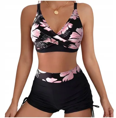 Produktbild von Damen Bikini mit Shorts M - Cup B/C - Tankini Set - Schwarz Rosa Blumenmuster