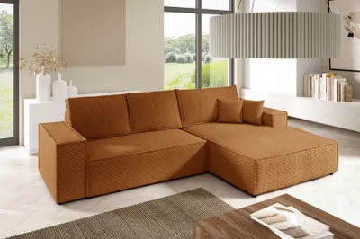 Produktbild von 3 Sitzer Ecksofas in L-Form ANTONIO NEW L 294x185cm, Ottomane rechts/links, Schlaffunktion & Bettkästen, Eckarniutur, Bezug - Cord in Orange