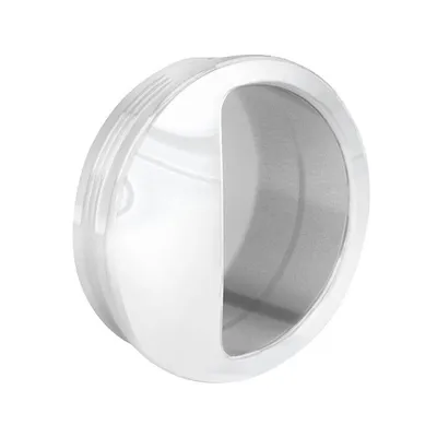 A single, round, white and silver handle against a white background.