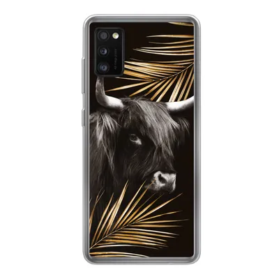 Produktbild von MuchoWow® Handyhülle Schutzhülle Hülle für Samsung Galaxy A41 Schottischer Highlander - Blätter - Gold Silikon Softcase Handy Hülle - Mobiltelefon