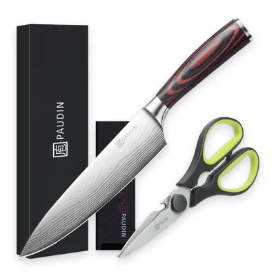 Produktbild von PAUDIN Profi-Kochmesser 20 cm – Schliff japanischer Art, ultrascharf, inkl. Küchenschere – Edelstahl 1.4116, ergonomischer Griff, Wellenmuster-Optik