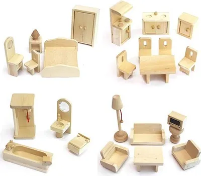Produktbild von Freda Puppenhaus Möbelset Holz, 28-teilig, für Wohnzimmer, Schlafzimmer, Küche, Bad. Schränke und Toilettendeckel zum Öffnen, Dusche mit Vorhang. Maße variieren, z.B. Stehlampe 12cm.
