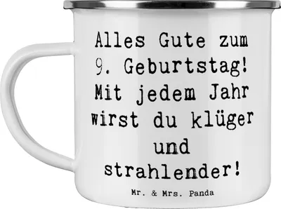Produktbild von Mr. & Mrs. Panda Haferl Spruch 9. Geburtstag Wünsche - Weiß - Geschenk, neunter, Geburtstagsgeschenk, Kaffeepott, klüger und strahlender, Pott, Teetasse, Emaille Becher