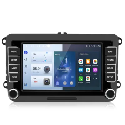 Obrázok produktu pre 2 + 32 GB. Vhodné pre modely VW Golf 5, 6, Passat B6, B7, Touran, Tiguan, Škoda Fabia, Seat Jetta. Podporuje funkcie SWC, DAB+, WIFI, RDS, operačný systém Android 14 a GPS navigáciu