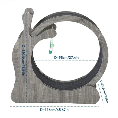 Produktbild von Katzen Aktivitätsspielzeug - Holz-Laufrad 95 cm für Wohnungskatzen - Leiser Lauftrainer - Sisal Kratzfläche - Hängespielzeug - Rutschfeste Teppichlauffläche - Grau
