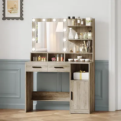 Image de Table de maquillage avec miroir et 10 LED, 2 tiroirs, 1 armoire, couleur gris clair