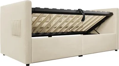 Produktbild von Sofabett 90x200 cm Beige  Polsterbett Stauraumbett mit Ladefunktion Jugendbett Samt Ohne Matratze