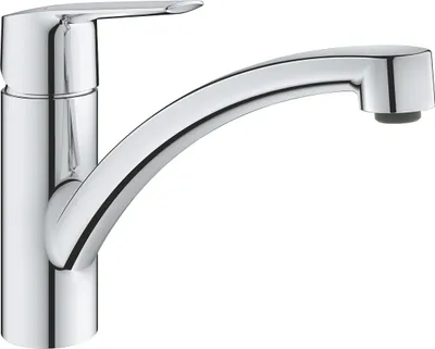 A close-up studio shot of a chrome kitchen faucet against a white background.
