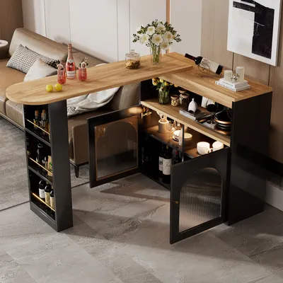 A modern bar cabinet with a rotating tabletop, integrated LED lighting, and a sofa in the background.