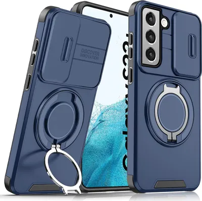Immagine prodotto di Custodia a doppio strato per Samsung Galaxy S22 5G, con copertura scorrevole della fotocamera e supporto magnetico ad anello Blu