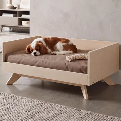 Produktbild von Tierbett MCW-Q64, Haustierbett Katzen-/Hundebett Tierkörbchen Tierliege, Holz MVG 32x72x50cm  natur, Kissen beige