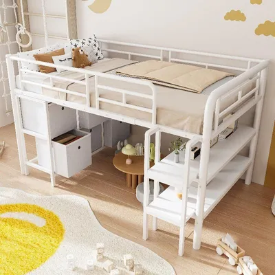 Obrázok produktu pre Detská poschodová posteľ 90x200 z kovu s úložným priestorom, nízka poschodová posteľ pre deti s širokým schodiskom, zásuvkami a policami, biela, 207x105x107,5 cm